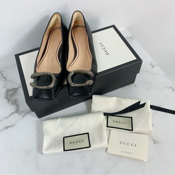 Gucci Dionysus EU 36.5 US 6.5 Black Leathe Buckle Square Toe Tiger Ballet Flats - Picture 2 of 16